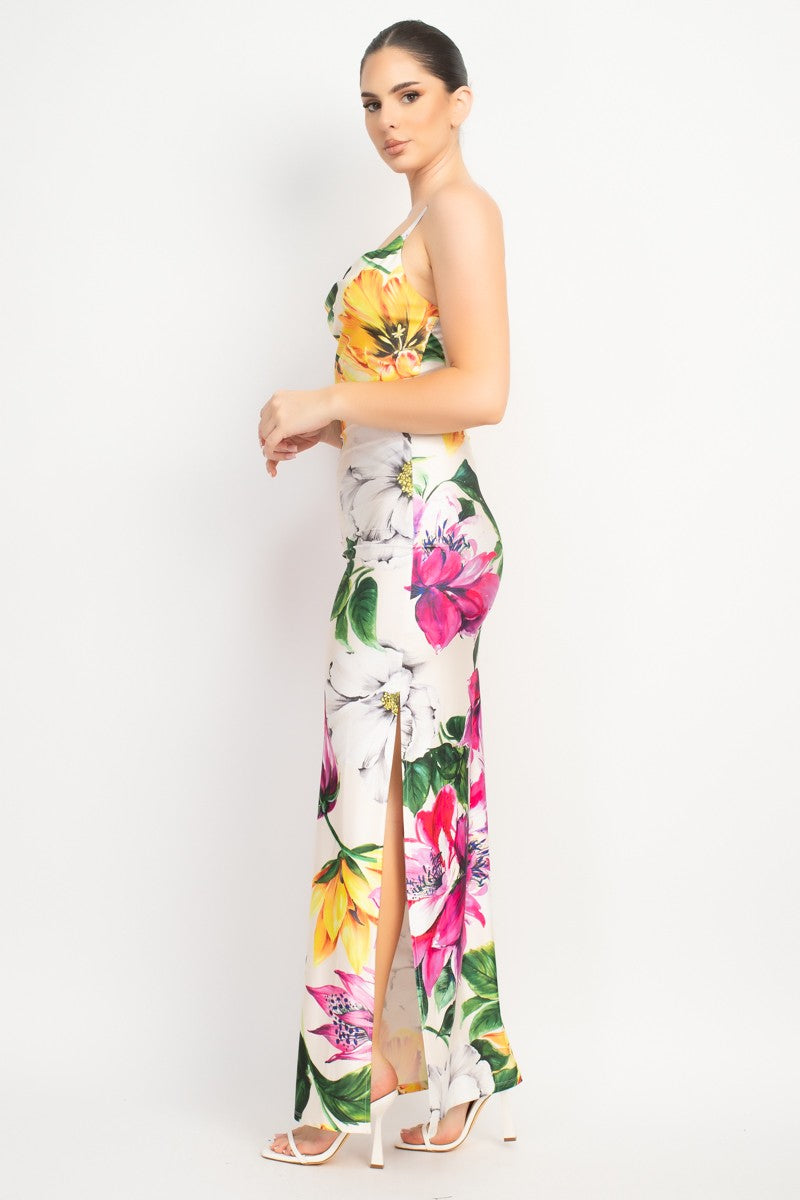 Ivory/Fuchsia Cowl Neck Slit Cami Maxi Dress