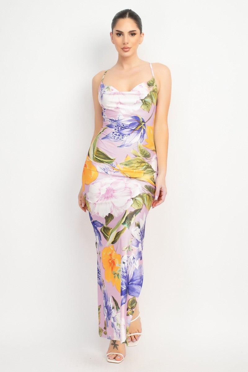 Blush/Lavender Cowl Neck Slit Cami Maxi Dress
